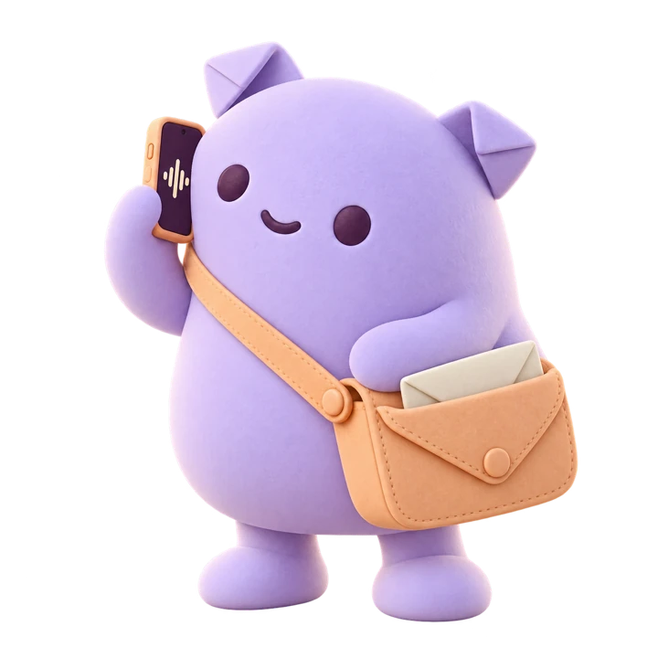 A lilac Proxling courier listening to a voice note on its phone